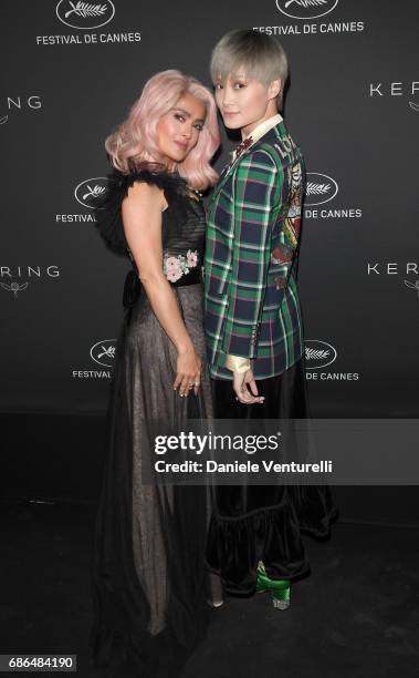 Salma Hayek and Chris Lee attend the Women in Motion Awards Dinner at the 70th Cannes Film Festival at Place de la Castre on May 21, 2017 in Cannes,...