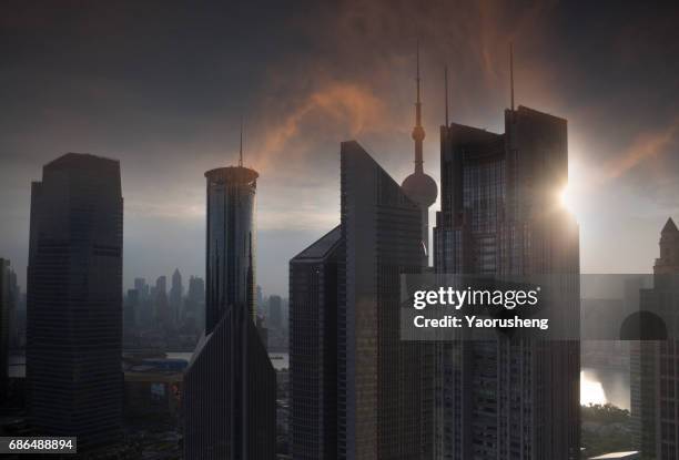 modern city skyline in the sunset, Shanghai, shift and tilt lens