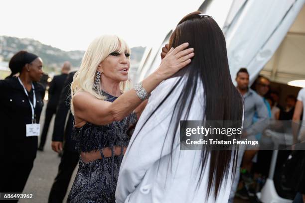 Donatella Versace backstage at the Fashion for Relief event during the 70th annual Cannes Film Festival at Aeroport Cannes Mandelieu on May 21, 2017...