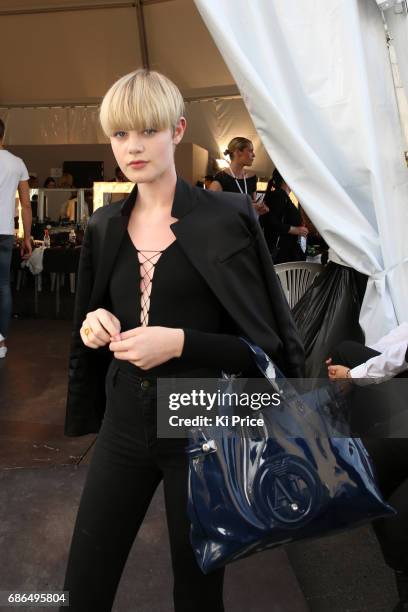 Celine Bouly backstage at the Fashion for Relief event during the 70th annual Cannes Film Festival at Aeroport Cannes Mandelieu on May 21, 2017 in...