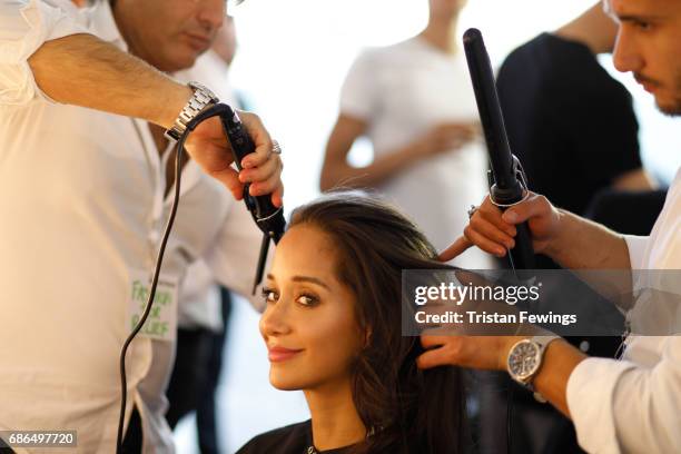 Model backstage at the Fashion for Relief event during the 70th annual Cannes Film Festival at Aeroport Cannes Mandelieu on May 21, 2017 in Cannes,...