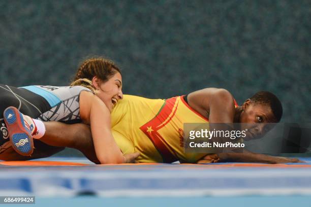 Blandine Metala Epanga of Cameroon competes against Buse Tosun of Turkey in the Women's Freestyle 69kg Wrestling for a Bronze during Baku 2017 - 4th...