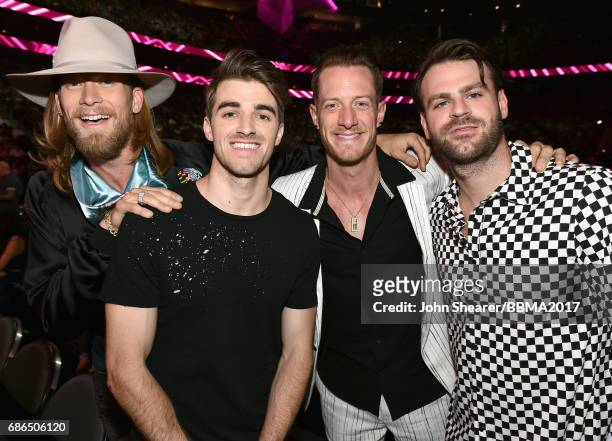 Musicians Brian Kelley of Florida Georgia Line, Andrew Taggart of The Chainsmokers, Tyler Hubbard of Florida Georgia Line and Alex Pall of The...