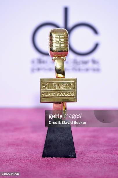 Billboard Music Award trophy is displayed in the press room during the 2017 Billboard Music Awards at T-Mobile Arena on May 21, 2017 in Las Vegas,...