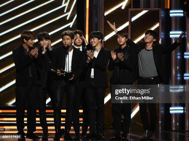 Music group BTS accepts the Top Social Artist award onstage during the 2017 Billboard Music Awards at T-Mobile Arena on May 21, 2017 in Las Vegas,...
