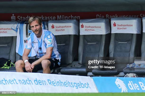 Stefan Aigner of 1860 Munich sits on the bench during the Second Bundesliga match between TSV 1860 Muenchen and VfL Bochum at Allianz Arena on May...