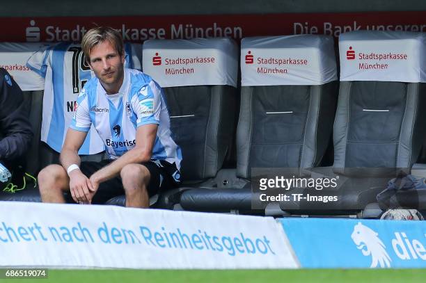 Stefan Aigner of 1860 Munich sits on the bench during the Second Bundesliga match between TSV 1860 Muenchen and VfL Bochum at Allianz Arena on May...