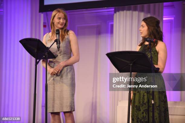 Actresses Kersti Bryan and Margo Seibert perform on stage at The Eugene O'Neill Theater Centers to the Monte Cristo Awards honoring Judith Light on...