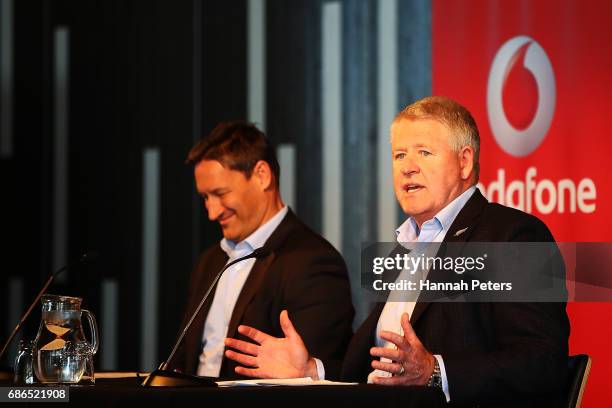 Vodafone Chief Executive Russell Stanners and New Zealand Rugby CEO Steve Tew speak during a New Zealand All Blacks sponsorship Announcement at Eden...