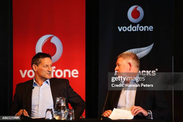 Vodafone Chief Executive Russell Stanners and New Zealand Rugby CEO Steve Tew speak during a New Zealand All Blacks sponsorship Announcement at Eden...