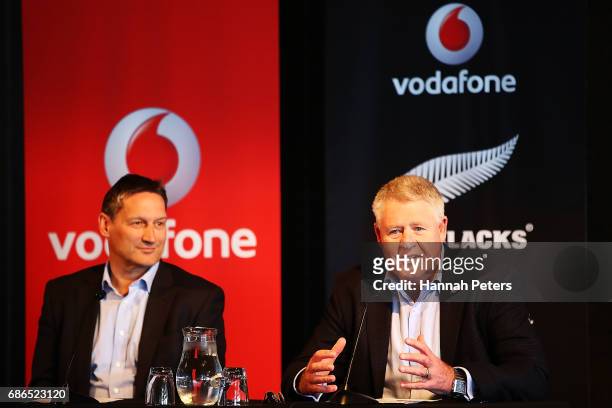 Vodafone Chief Executive Russell Stanners and New Zealand Rugby CEO Steve Tew speak during a New Zealand All Blacks sponsorship Announcement at Eden...