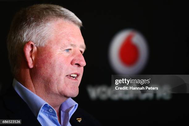 New Zealand Rugby CEO Steve Tew speaks during a New Zealand All Blacks sponsorship Announcement at Eden Park on May 22, 2017 in Auckland, New...