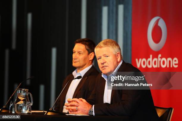 Vodafone Chief Executive Russell Stanners and New Zealand Rugby CEO Steve Tew speak during a New Zealand All Blacks sponsorship Announcement at Eden...