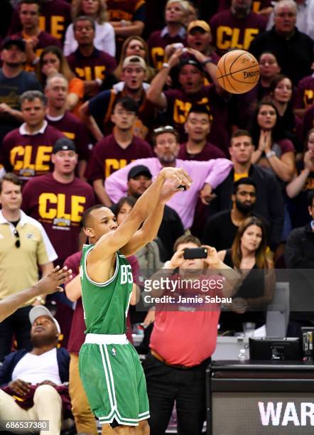 Avery Bradley of the Boston Celtics shoots the winning basket in their 111 to 108 win over the Cleveland Cavaliers during Game Three of the 2017 NBA...