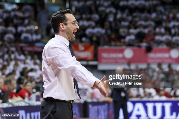 Headcoach Thomas Paech of Berlin gestures during the easyCredit BBL Basketball Bundesliga match between FC Bayern Muenche and Alba Berlin at Audi...