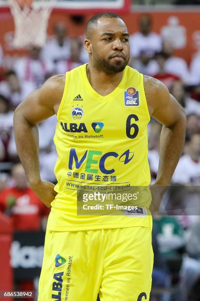 Jonathan Malu of Berlin looks on during the easyCredit BBL Basketball Bundesliga match between FC Bayern Muenche and Alba Berlin at Audi Dome on May...