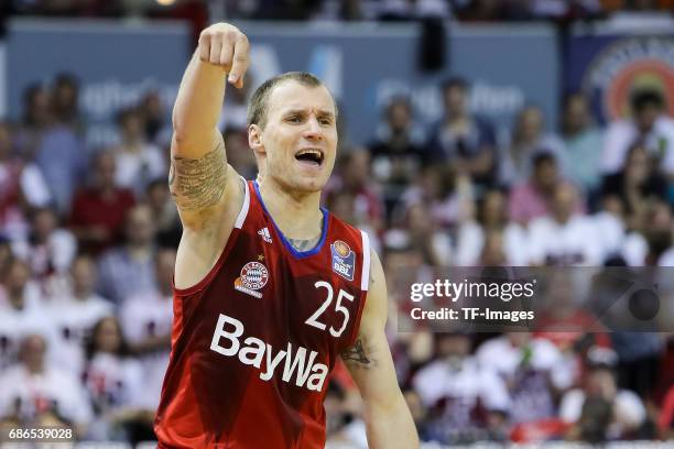 Anton Gavel of Munich gestures during the easyCredit BBL Basketball Bundesliga match between FC Bayern Muenche and Alba Berlin at Audi Dome on May 6,...