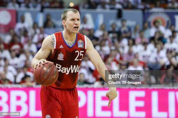 Anton Gavel of Munich gestures during the easyCredit BBL Basketball Bundesliga match between FC Bayern Muenche and Alba Berlin at Audi Dome on May 6,...