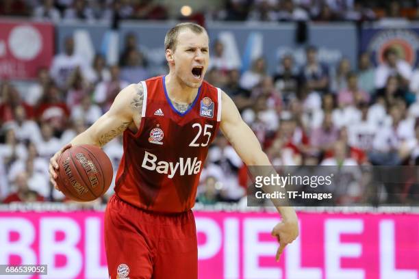Anton Gavel of Munich gestures during the easyCredit BBL Basketball Bundesliga match between FC Bayern Muenche and Alba Berlin at Audi Dome on May 6,...