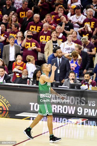 Avery Bradley of the Boston Celtics celebrates after shooting the winning basket in their 111 to 108 win over the Cleveland Cavaliers during Game...