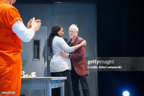 James Badge Dale, Robert Schenkkan and Tamara Tunie bow on stage during the "Building The Wall" opening night at New World Stages on May 21, 2017 in...