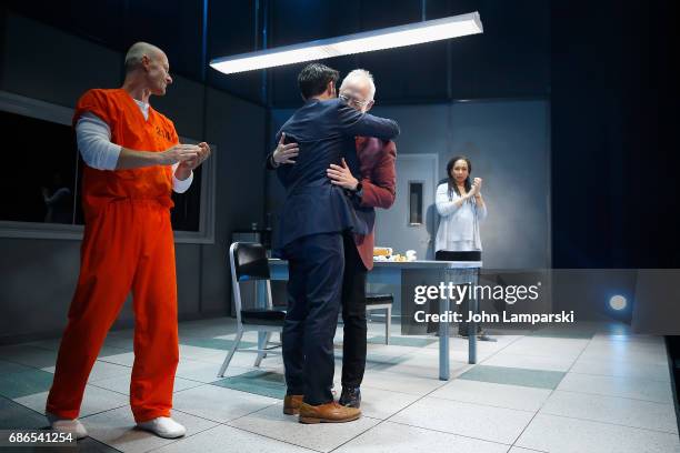 James Badge Dale, Ari Edelson, Robert Schenkkan and Tamara Tunie bow on stage during the "Building The Wall" opening night at New World Stages on May...