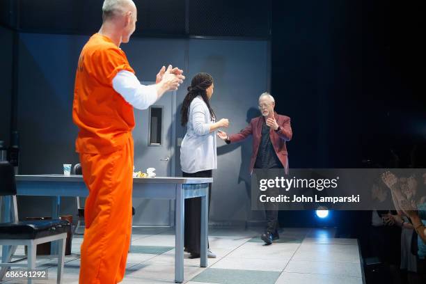 James Badge Dale, Robert Schenkkan and Tamara Tunie bow on stage during the "Building The Wall" opening night at New World Stages on May 21, 2017 in...