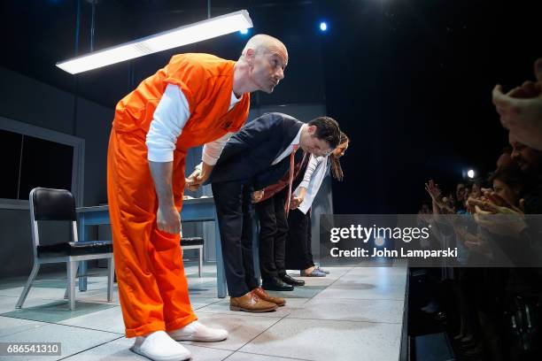 James Badge Dale, Ari Edelson, Robert Schenkkan and Tamara Tunie bow on stage during the "Building The Wall" opening night at New World Stages on May...