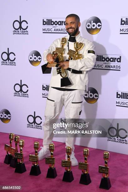 Rapper Drake poses in the press room with his awards during the 2017 Billboard Music Awards at the T-Mobile Arena on May 21, 2017 in Las Vegas,...