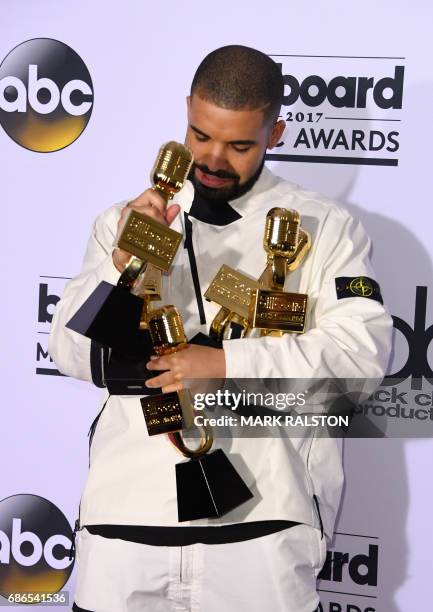 Rapper Drake poses in the press room with his awards during the 2017 Billboard Music Awards at the T-Mobile Arena on May 21, 2017 in Las Vegas,...