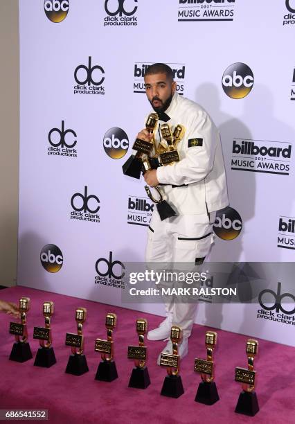 Rapper Drake poses in the press room with his awards during the 2017 Billboard Music Awards at the T-Mobile Arena on May 21, 2017 in Las Vegas,...