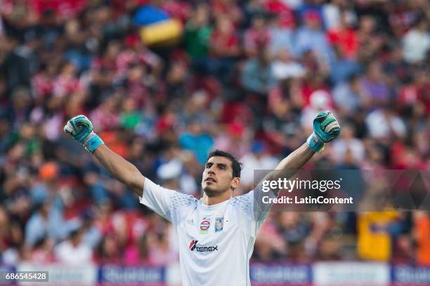 Nahuel Guzman of Tigres celebrates during the semi final second leg match between Tijuana and Tigres UANL as part of the Torneo Clausura 2017 Liga MX...