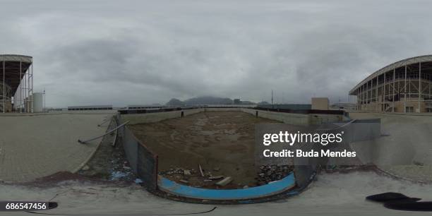 View from the mostly abandoned Olympic Aquatics stadium at the Olympic Park on May 20, 2017 in Rio de Janeiro, Brazil. In the nine months after the...