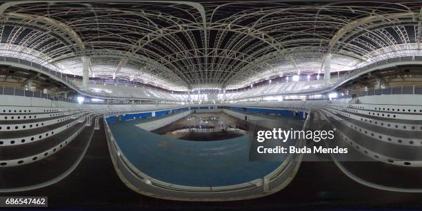 View from the mostly abandoned Olympic Aquatics stadium at the Olympic Park on May 20, 2017 in Rio de Janeiro, Brazil. In the nine months after the...