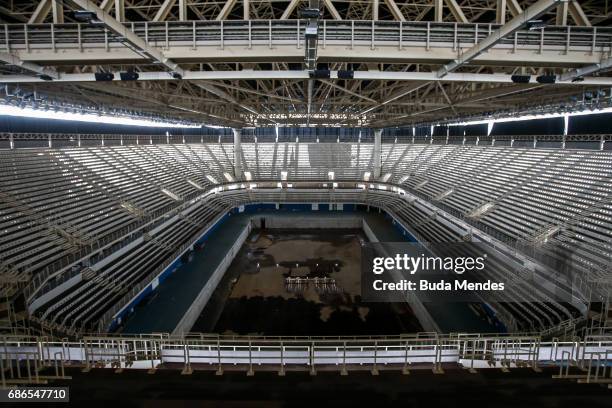 View from the mostly abandoned Olympic Aquatics stadium at the Olympic Park on May 20, 2017 in Rio de Janeiro, Brazil. In the nine months after the...