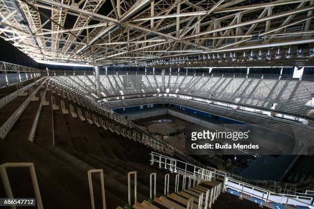 View from the mostly abandoned Olympic Aquatics stadium at the Olympic Park on May 20, 2017 in Rio de Janeiro, Brazil. In the nine months after the...