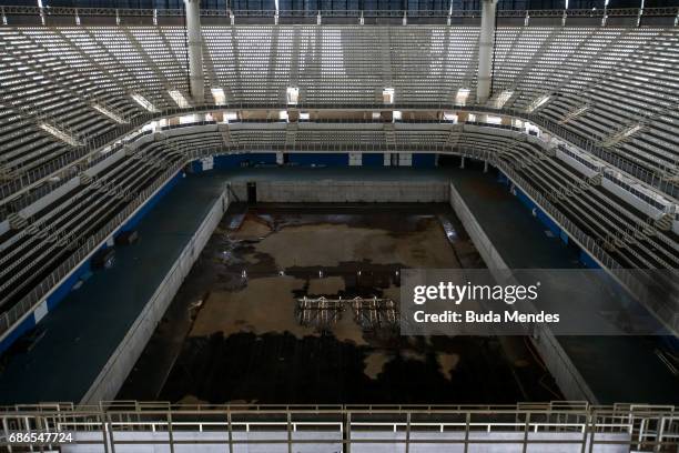 View from the mostly abandoned Olympic Aquatics stadium at the Olympic Park on May 20, 2017 in Rio de Janeiro, Brazil. In the nine months after the...