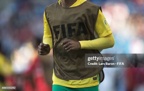 Warm up bib is seen during the FIFA U-20 World Cup Korea Republic 2017 group D match between South Africa and Japan at Suwon World Cup Stadium on May...