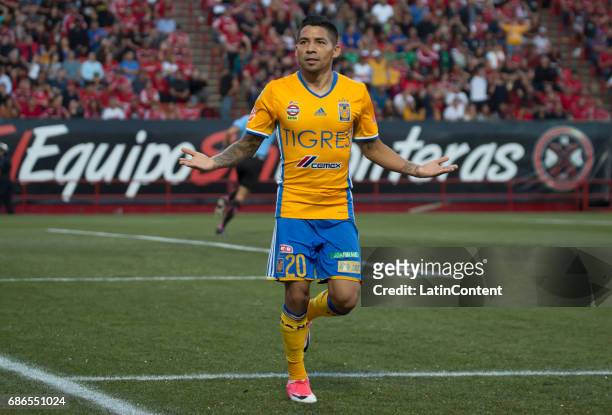 Javier Aquino celebrates after scoring his team's first goal during the semi finals second leg match between Tijuana and Tigres UANL as part of the...