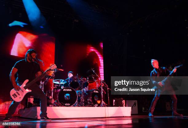 Musicians Robert Trujillo, Lars Ulrich, and James Hetfield of Metallica perform at MAPFRE Stadium on May 21, 2017 in Columbus, Ohio.