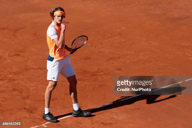 Alexander Zverev of Germany in action during the men's Final against Novak Djokovic of Serbia on Day Eight of the Internazionali BNL d'Italia 2017 at...
