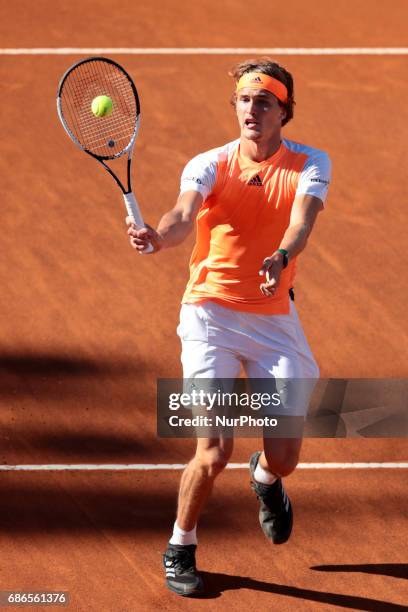 Alexander Zverev of Germany in action during the men's Final against Novak Djokovic of Serbia on Day Eight of the Internazionali BNL d'Italia 2017 at...