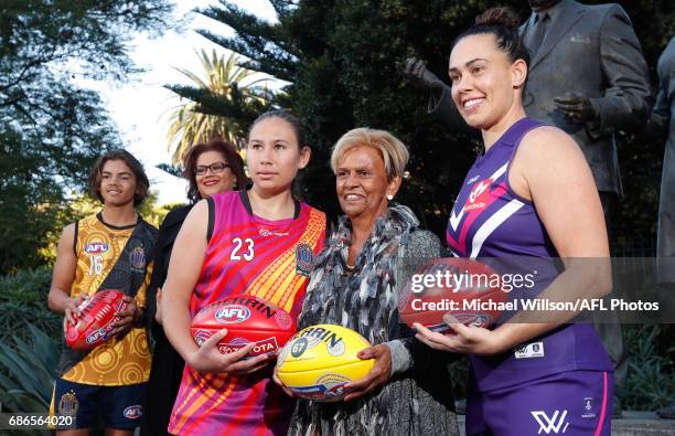 Kobe Brown, AFL General Manager Inclusion and Social Policy Tanya Hosch, Krstel Petrevski, Sir Doug Nicholls' daughter Aunty Pam Pedersen and Kirby...