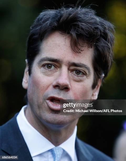 Gillon McLachlan, Chief Executive Officer of the AFL addresses the media during the 2017 Toyota AFL Sir Doug Nicholls Indigenous Round Launch at the...