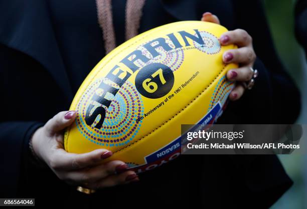 General Manager Inclusion and Social Policy Tanya Hosch holds the Indigenous football during the 2017 Toyota AFL Sir Doug Nicholls Indigenous Round...