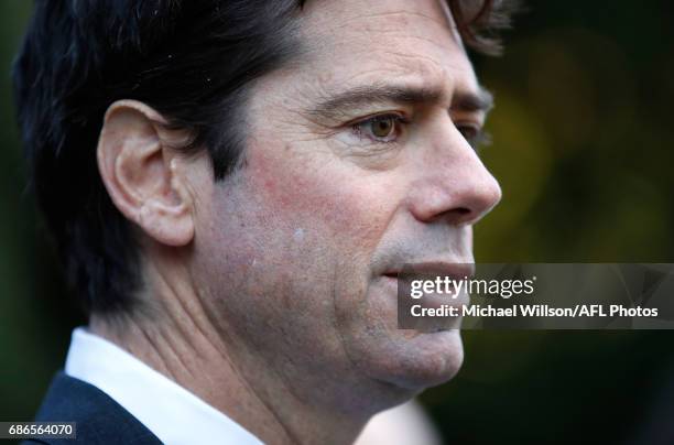 Gillon McLachlan, Chief Executive Officer of the AFL addresses the media during the 2017 Toyota AFL Sir Doug Nicholls Indigenous Round Launch at the...