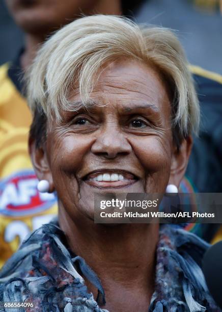 Sir Doug Nicholls' daughter Aunty Pam Pedersen addresses the media during the 2017 Toyota AFL Sir Doug Nicholls Indigenous Round Launch at the statue...