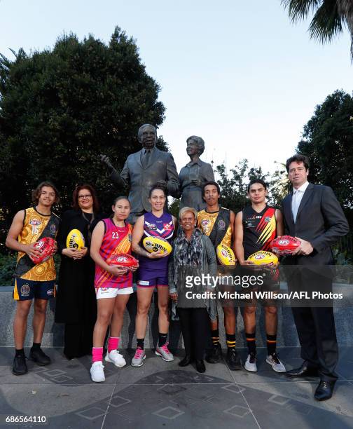 Kobe Brown, AFL General Manager Inclusion and Social Policy Tanya Hosch, Krstel Petrevski, Kirby Bentley, Sir Doug Nicholls' daughter Aunty Pam...