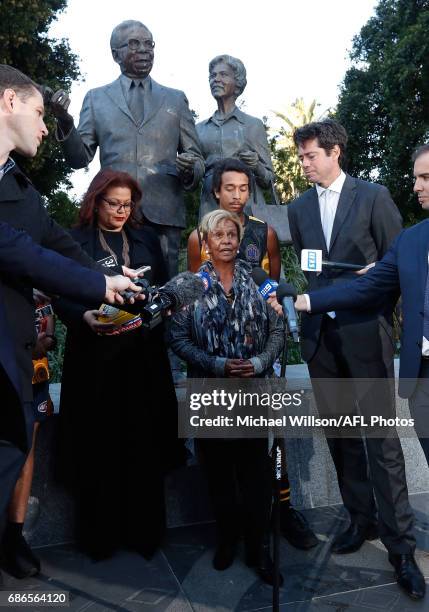 Sir Doug Nicholls' daughter Aunty Pam Pedersen addresses the media during the 2017 Toyota AFL Sir Doug Nicholls Indigenous Round Launch at the statue...