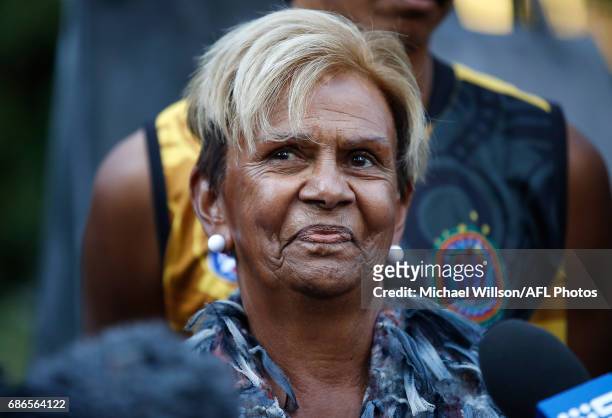 Sir Doug Nicholls' daughter Aunty Pam Pedersen addresses the media during the 2017 Toyota AFL Sir Doug Nicholls Indigenous Round Launch at the statue...